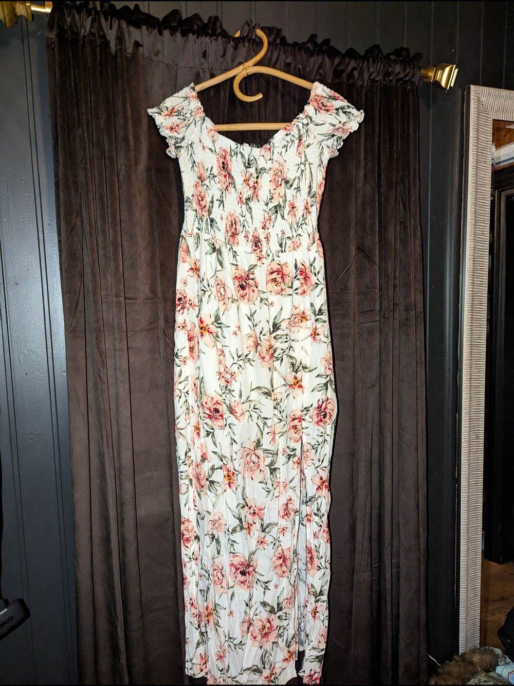 Dynamite Off Shoulder Leg Slit Maxi Dress with Pink Floral Print | Medium